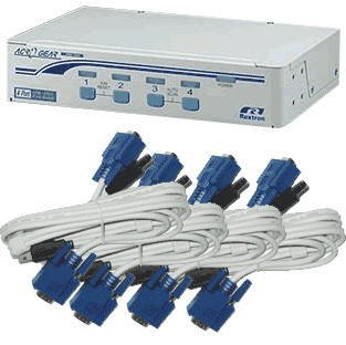 Image of 4 way VGA & USB KVM (for monitor & 4 USB devices) switch box with cables/leads
